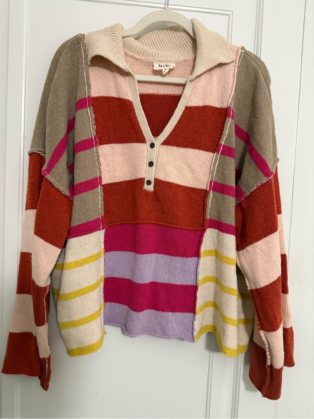 Striped V-Neck Button Pullover Sweater - Multicolor